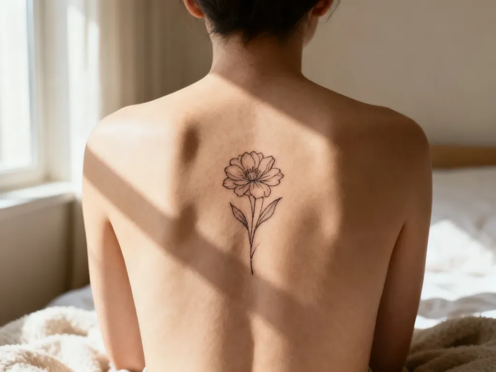Delikatny tatuaż kwiatowy w stylu line-art umieszczony między łopatkami na plecach w przytulnym wnętrzu.