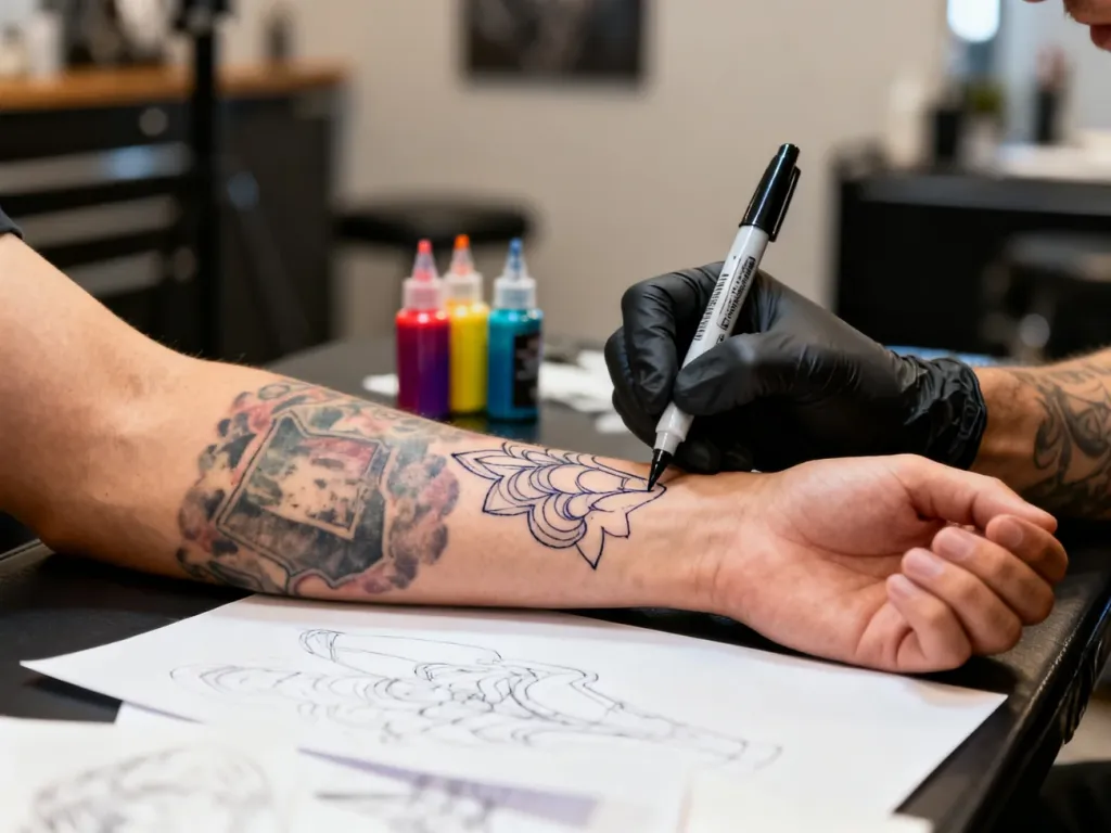 Ręka z wyblakłym tatuażem, tatuator w rękawiczkach szkicuje markerem nowy wzór do coveru w nowoczesnym studiu.