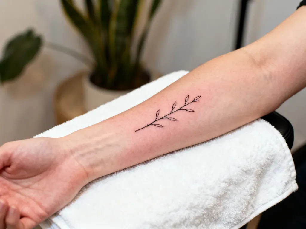 Świeży tatuaż fineline gałązki na przedramieniu, lekko zaczerwieniona skóra, minimalistyczne studio tatuażu w tle