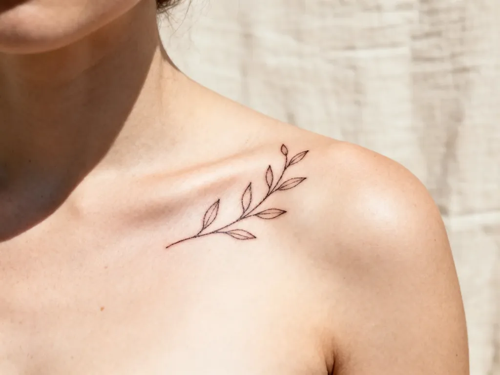 Delikatny, minimalistyczny tatuaż z motywem roślinnym na obojczyku, wykonany techniką line-art.