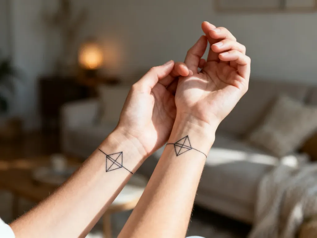 Dwie dłonie z minimalistycznymi, geometrycznymi tatuażami na nadgarstkach, symbolizujące więź między parą.