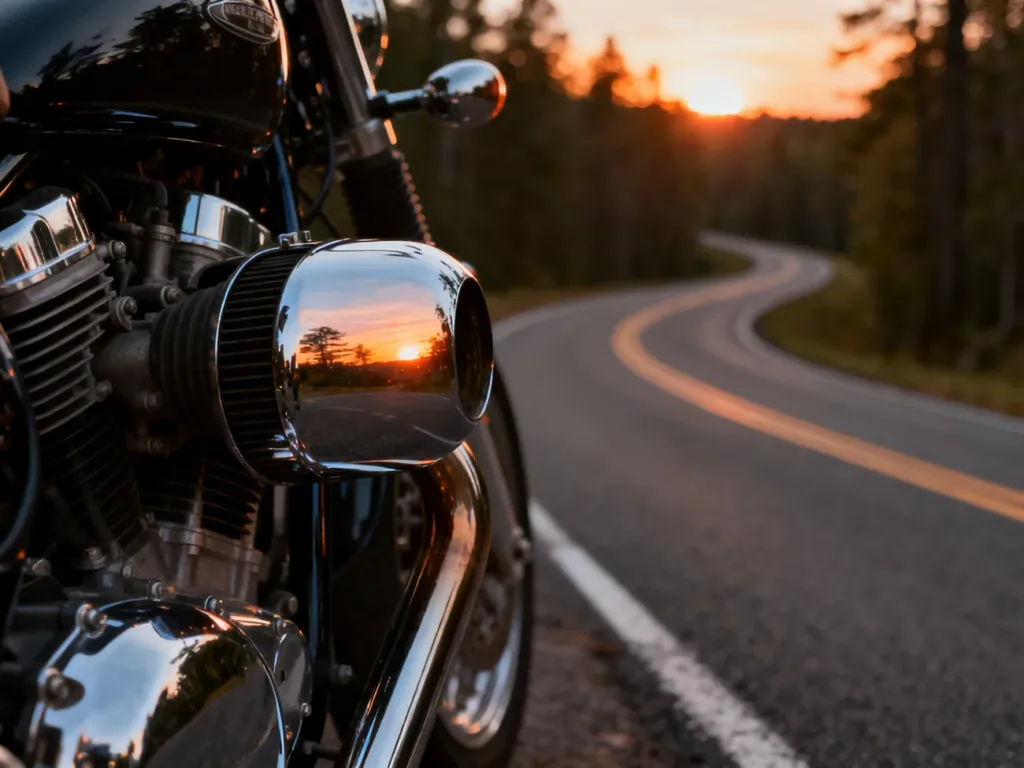 Zbliżenie na chromowaną rurę wydechową motocykla, w której odbija się zachód słońca na tle krętej drogi w lesie.