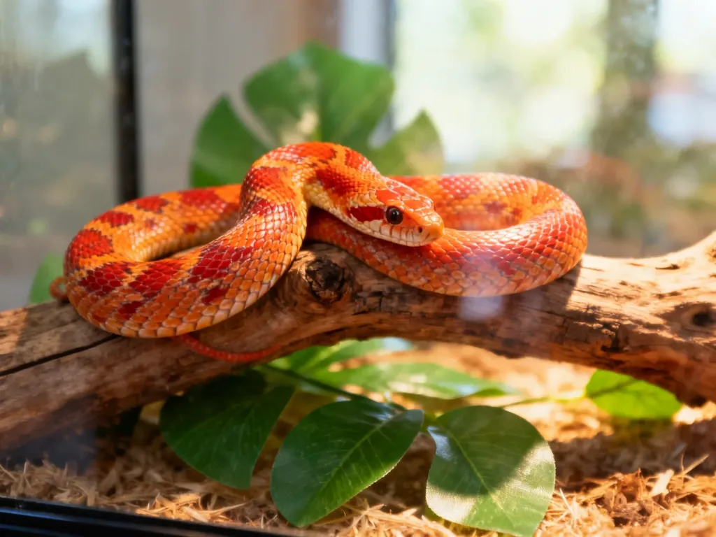 Wąż zbożowy o pomarańczowo-czerwonym ubarwieniu odpoczywający na gałęzi w zaaranżowanym terrarium.