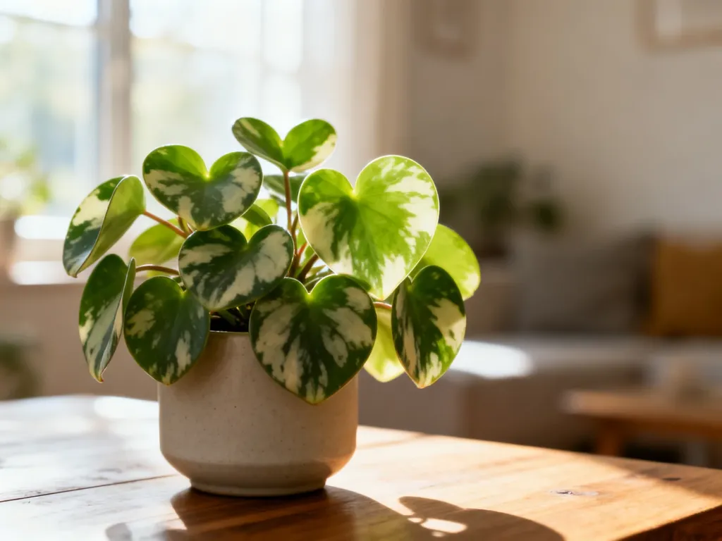 Vibrantna peperomia o sercowatych, nakrapianych liściach w minimalistycznej doniczce na drewnianym stole.