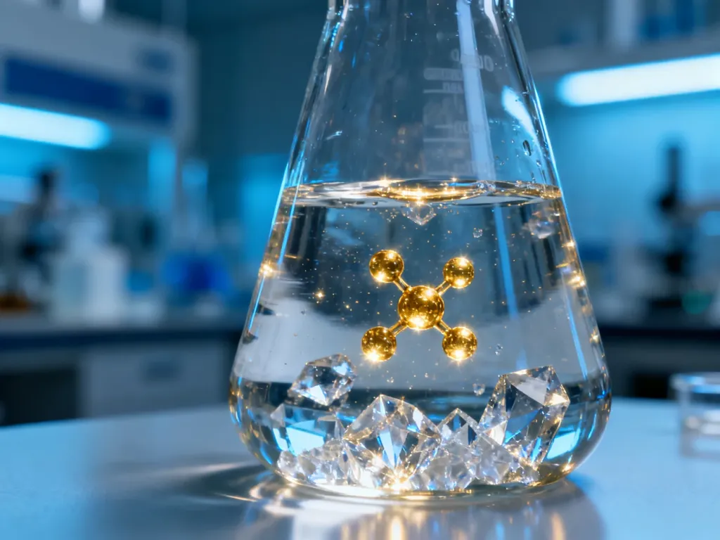Przezroczysta substancja chemiczna w szklanej zlewce z widocznymi cząsteczkami, symbolizująca czystość i właściwości oktanu.
