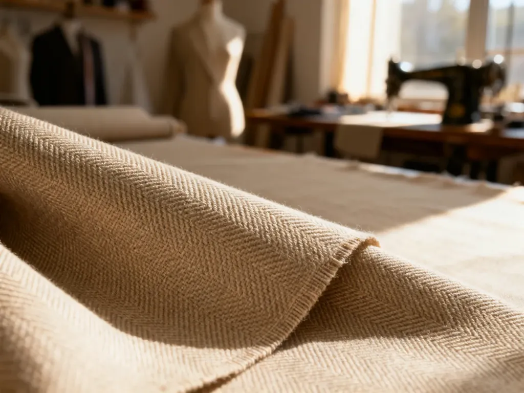 Zbliżenie na beżową tkaninę o wyraźnym splocie skośnym, ukazujące trwałą i solidną strukturę materiału typu twill.
