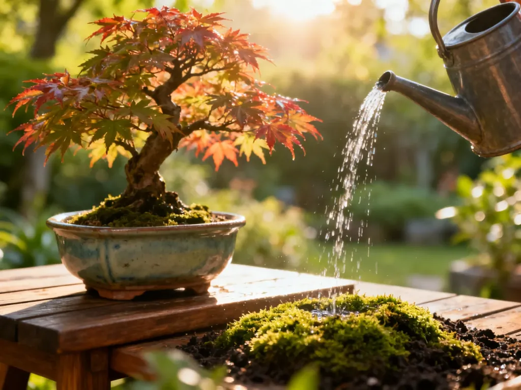 Strumień wody z konewki nawadniający miniaturowe drzewko bonsai w ceramicznej doniczce.
