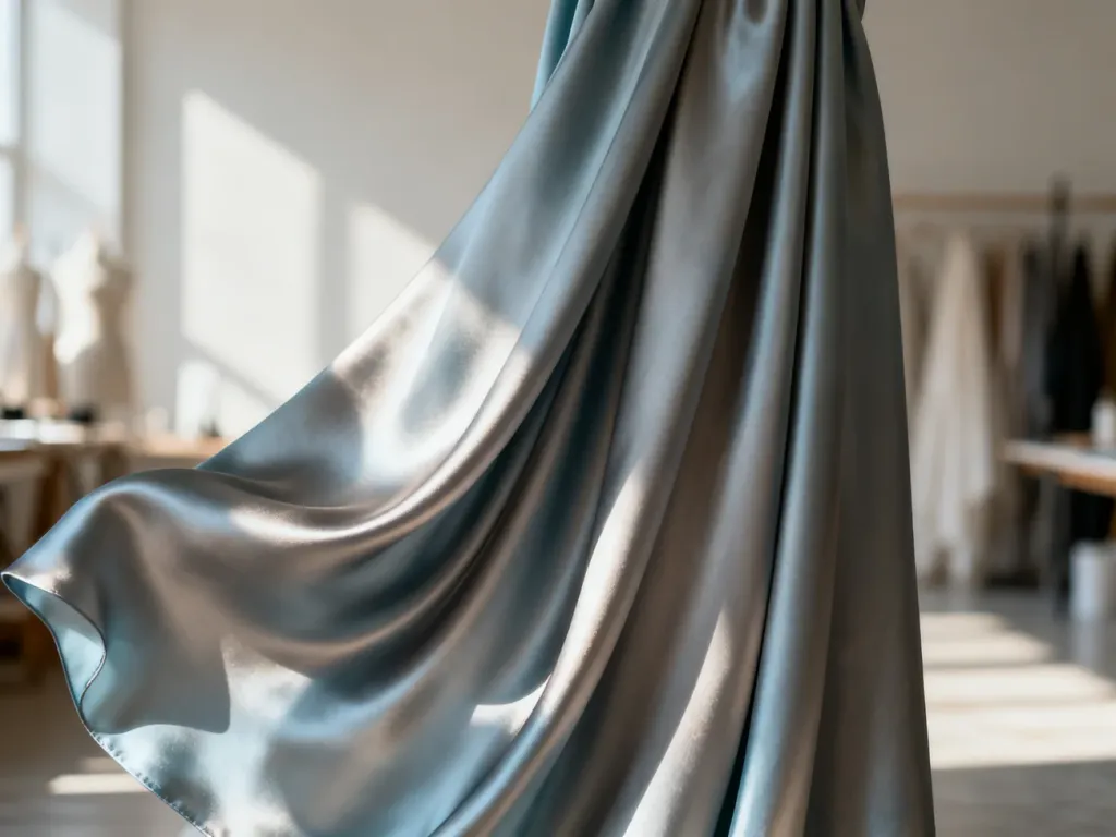 Luksusowa, połyskująca tkanina jedwabna z eleganckimi załamaniami, podkreślająca gładką fakturę i szlachetność materiału.