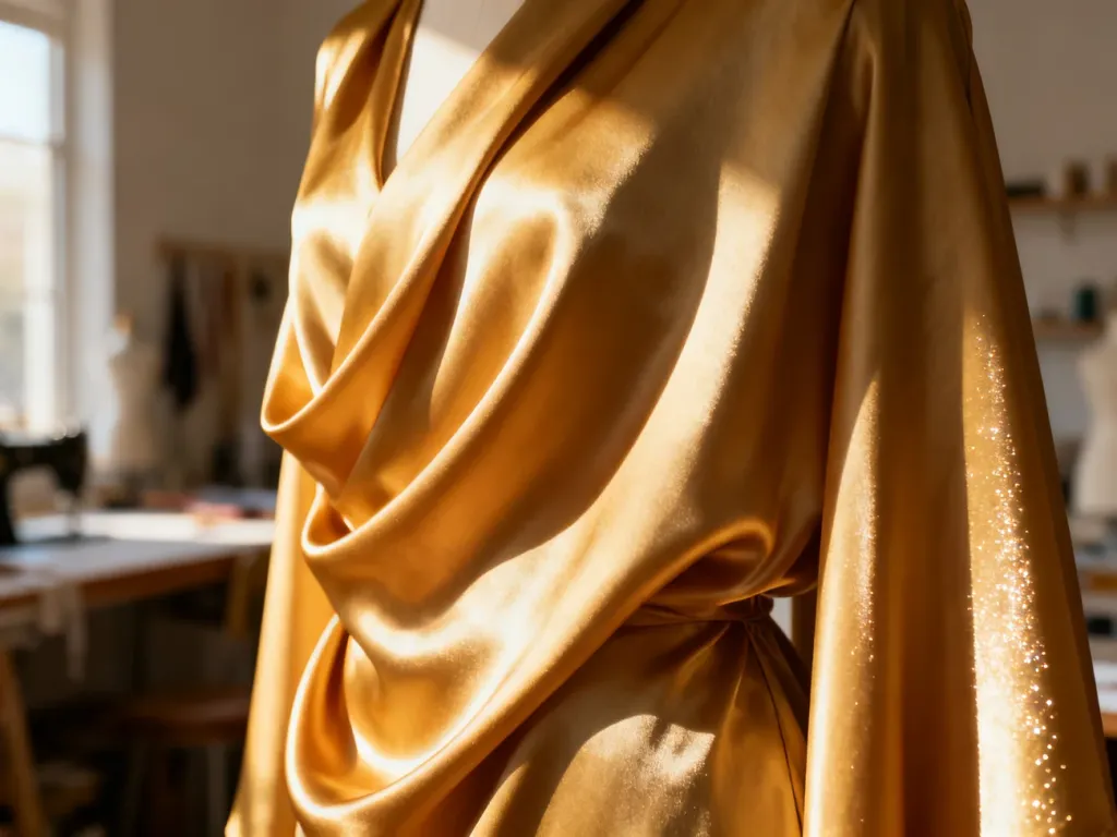Zbliżenie na luksusowy, połyskujący materiał o miękkiej fakturze i eleganckich fałdach, oświetlony ciepłym światłem.
