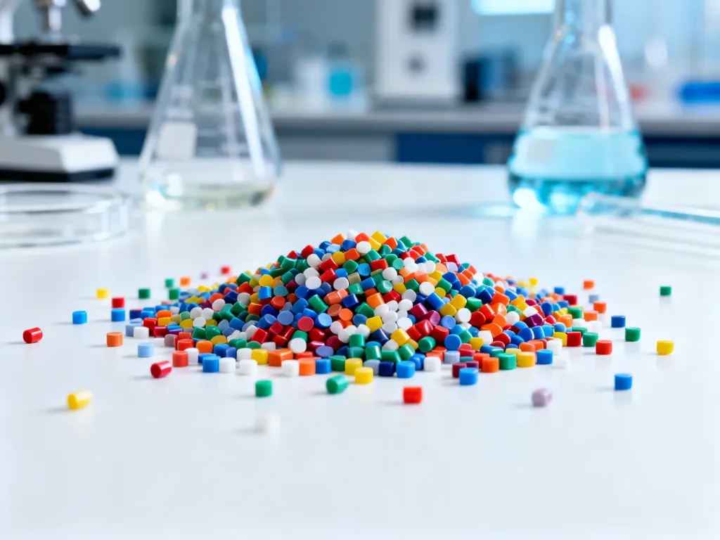 Kolorowe granulki polimerów na laboratoryjnym stole, obrazujące surowce wykorzystywane w produkcji tworzyw sztucznych.
