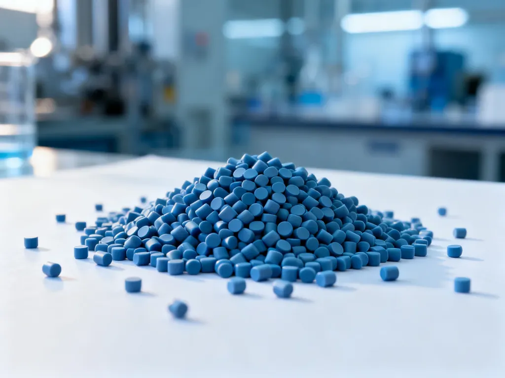 Zbliżenie na surowe granulki elastomeru termoplastycznego TPE o matowej fakturze na białym, laboratoryjnym podłożu.
