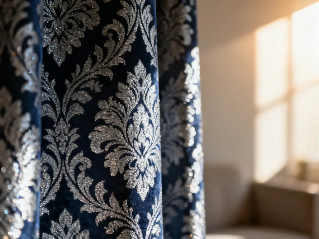 Zbliżenie na luksusowy materiał adamaszkowy w kolorze granatu i srebra z eleganckim, kwiatowym wzorem.