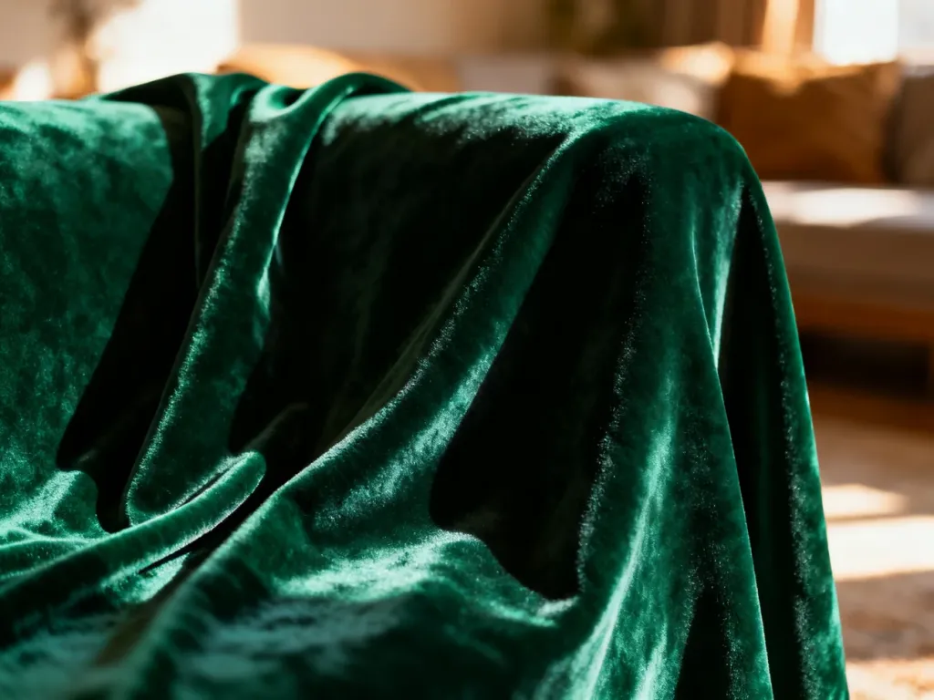 Zbliżenie na szmaragdowy welwet o miękkiej fakturze, na którym światło tworzy eleganckie refleksy i głębokie cienie.