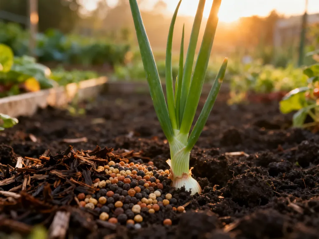 Młoda cebula rosnąca w żyznej glebie z widocznym nawozem organicznym, wspierającym obfite plony w ogrodzie.