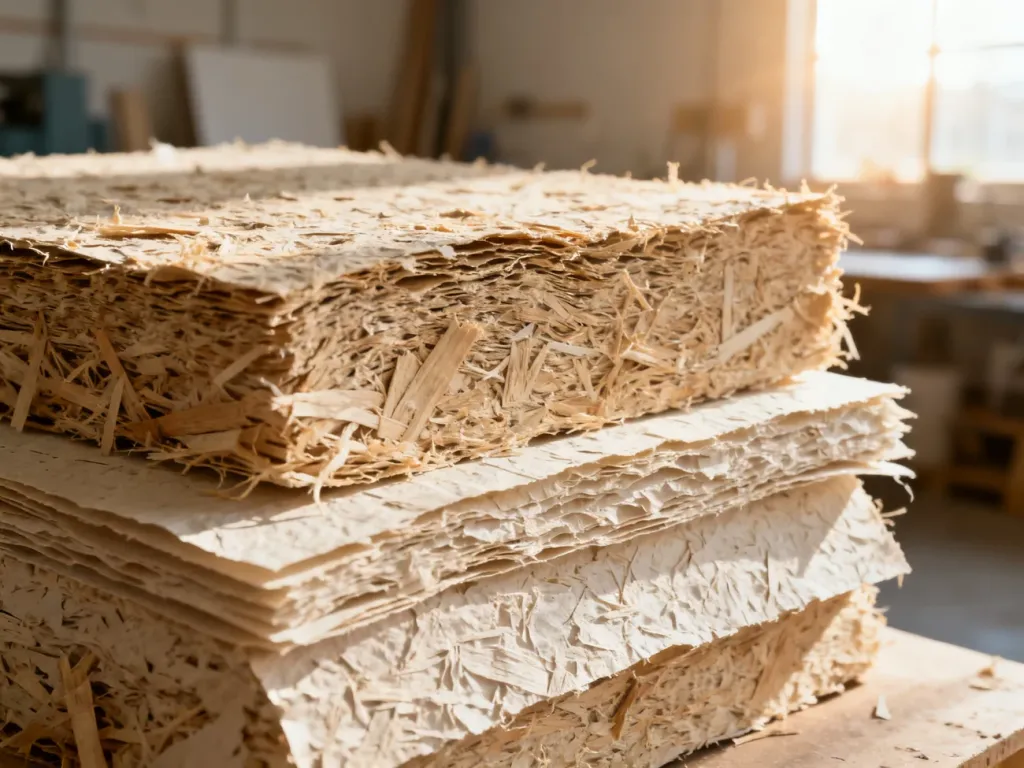 Zbliżenie na surowe włókna celulozowe i arkusze papieru z recyklingu, ukazujące naturalną strukturę i fakturę materiału.